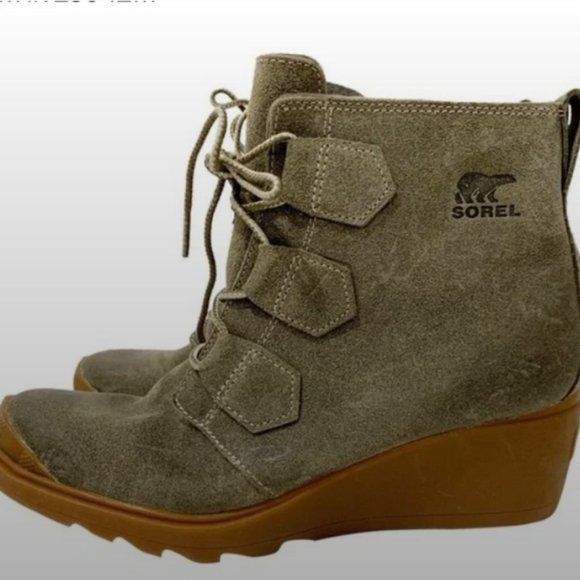 Sorel Shoes - Sorel Size 7.5  Toronto Olive Suede Leather Wedge Heel Ankle Booties
